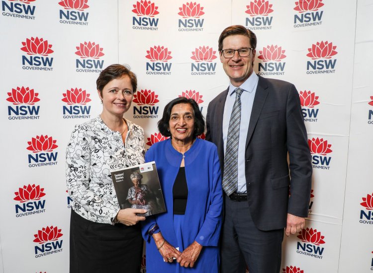St Ives Local Dr Ramah Juta is congratulated by Minister for Ageing Tanya Davies and Member for Davidson Jonathan O’Dea for her publication in Seniors’ Stories Volume 4 at NSW Parliament